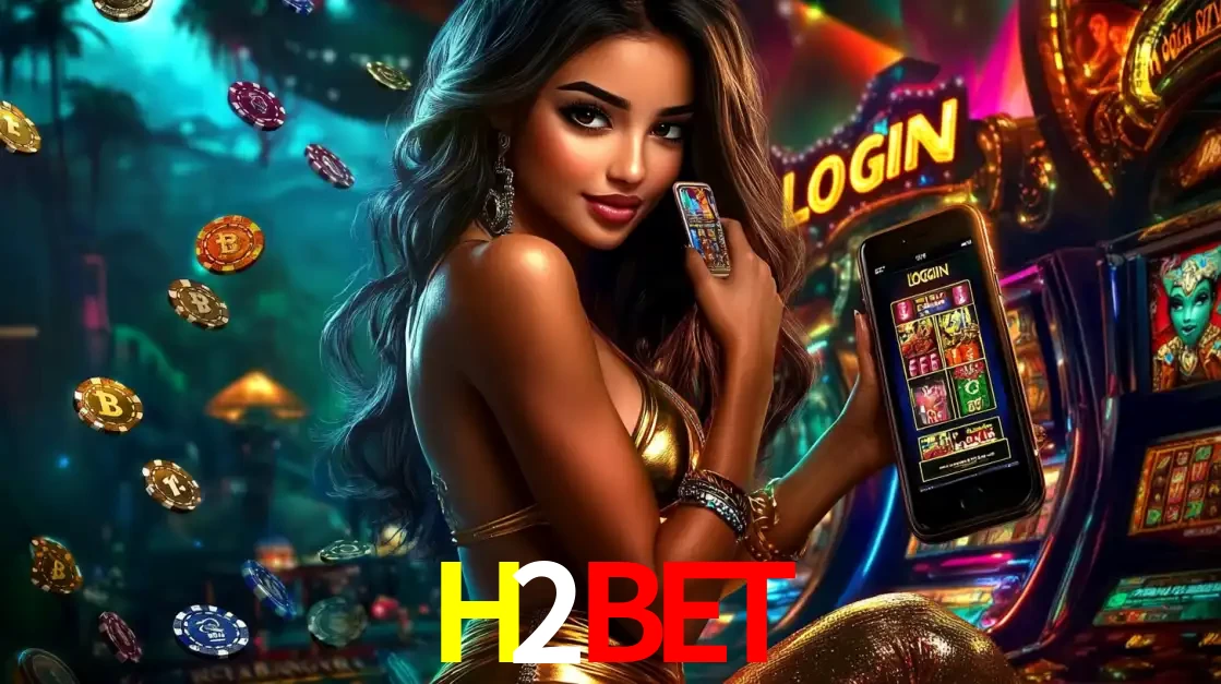 Mulher em um cenário de cassino temático de aventura, mostrando o app de caça-níqueis da H2BET no celular. Fichas de apostas flutuam ao redor.