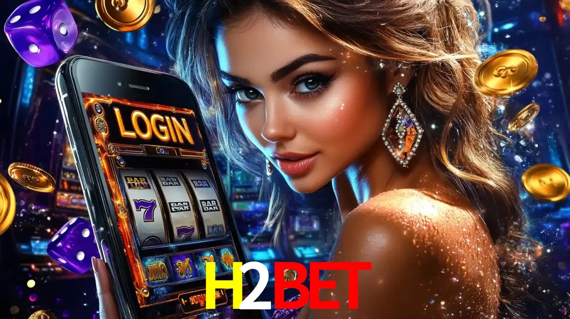 Mulher glamorosa segurando um smartphone com a tela de login para os jogos de caça-níqueis do cassino online H2BET, com moedas de ouro e dados ao redor.