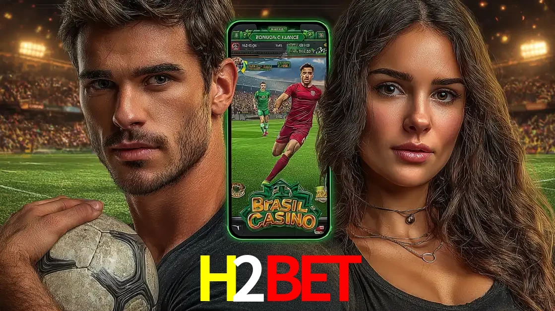 Homem segurando uma bola de futebol e uma mulher ao lado de um smartphone exibindo o jogo de apostas esportivas da H2BET. Faça seu palpite no cassino online.